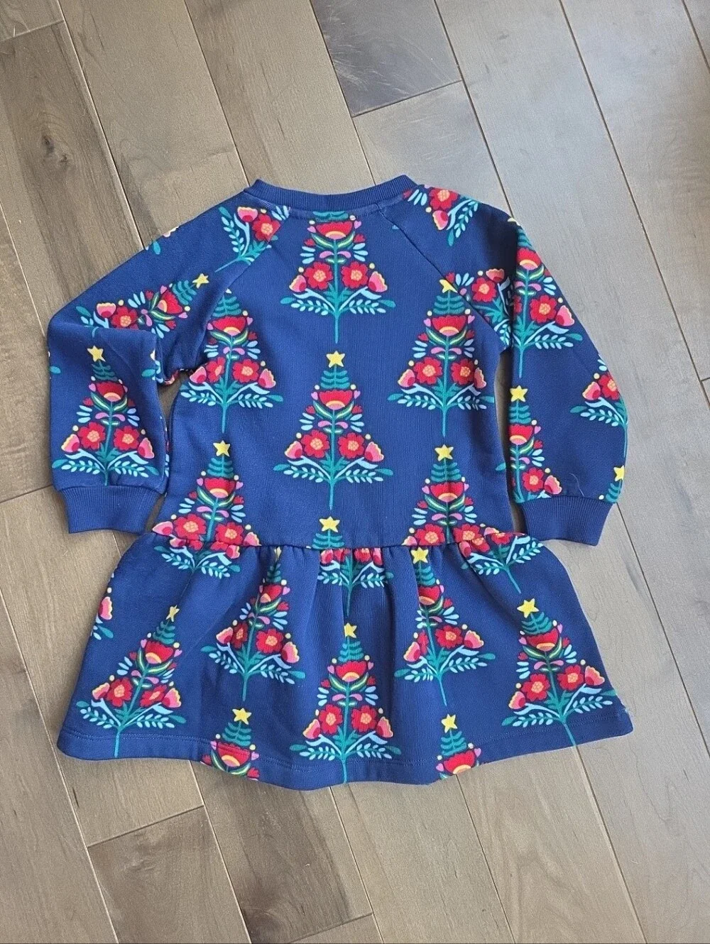 MINI BODEN Navy Christmas Trees Cosy Sweatshirt Dress Size 2-3 Yeats